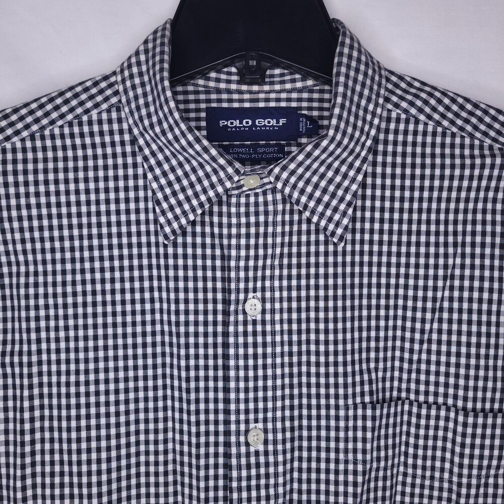 Ralph Lauren Shirt Mens Large Gingham Black, White Polo Golf Lowell Two Ply Cott